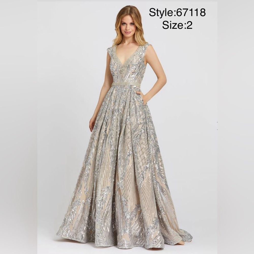 Mac Duggal Silver & Nude Sequin V-Neck Ball Gown